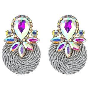 Yellow Gold with Iridescent AB Crystal Floral Cluster Rattan Statement Earrings